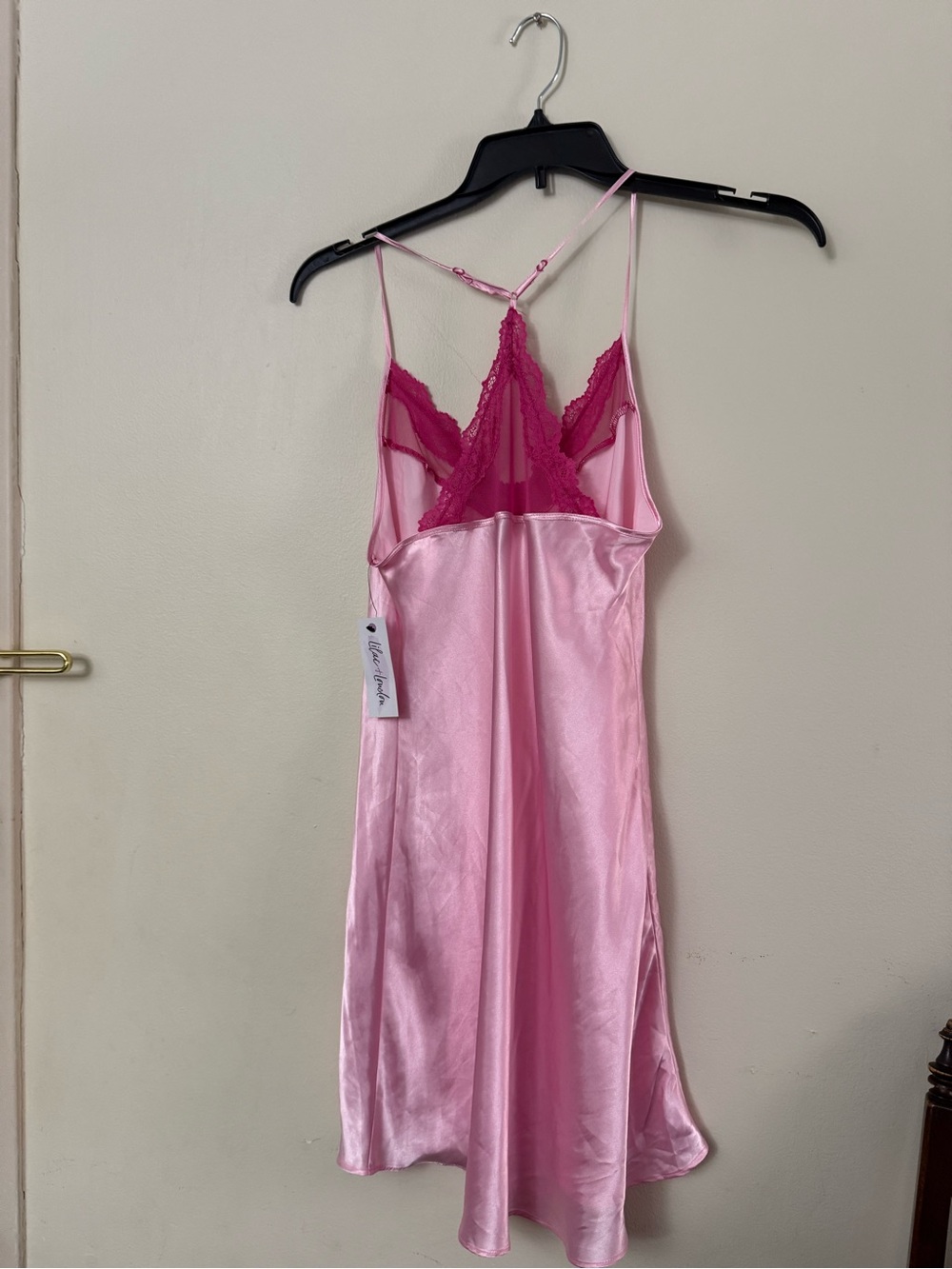 Pink Satin Slip Chemise with Fuchsia Lace Trim - Picture 7 of 9